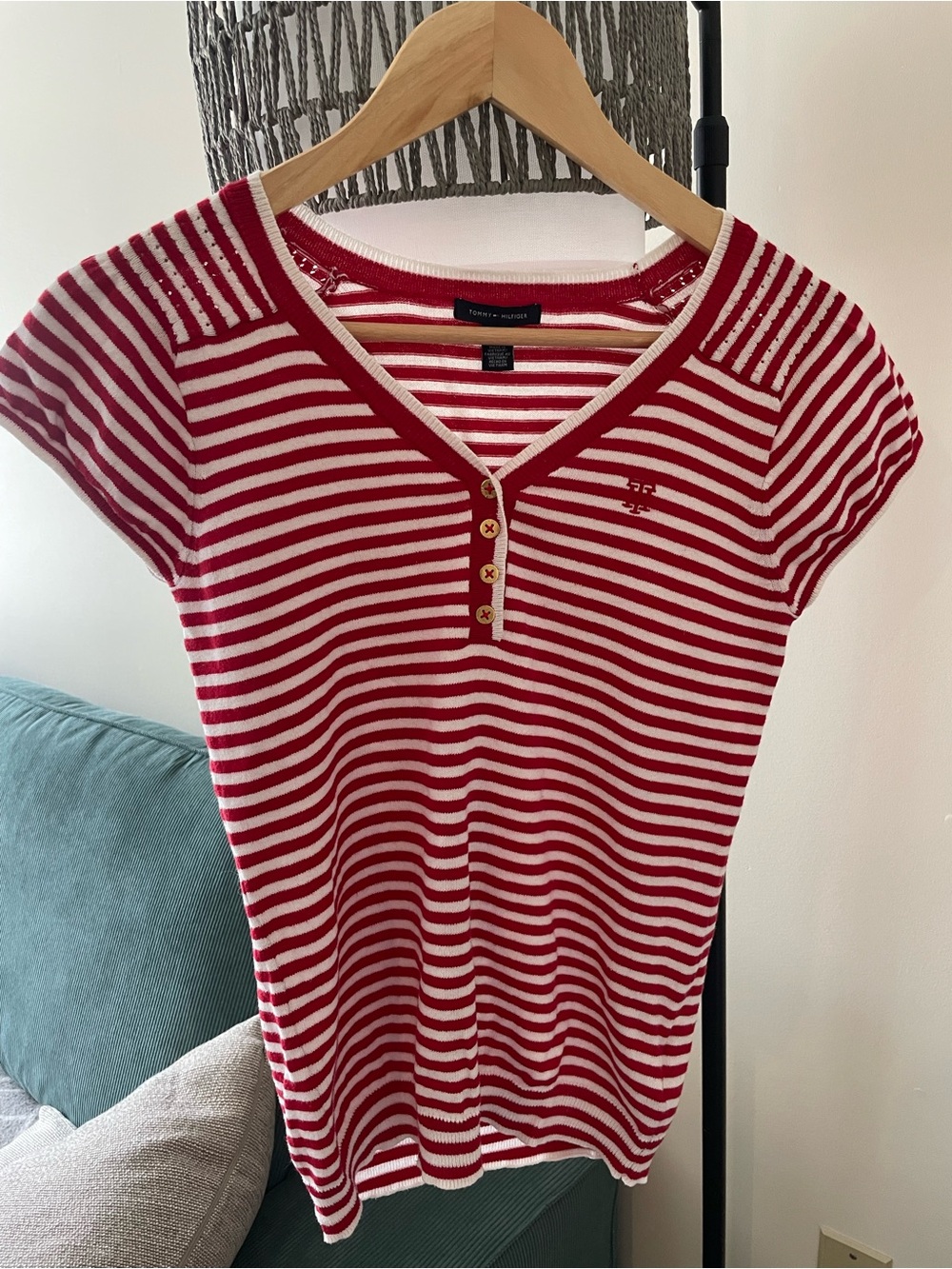 Tommy Hilfiger Red & White Striped Short Sleeve Knit Top with V-Neck